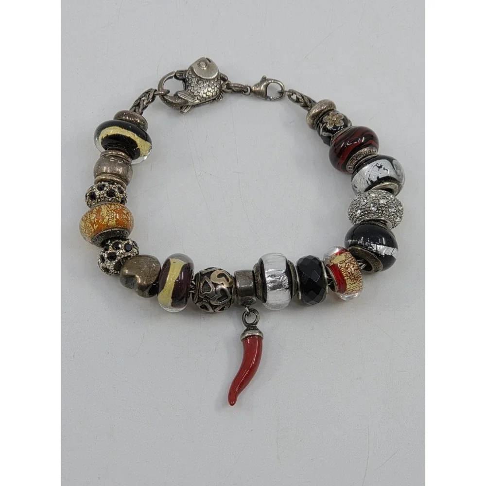 Trollbeads‎ LAA 925 Silver Fish Lock Bracelet Murano Glass Red Cornicello Charm